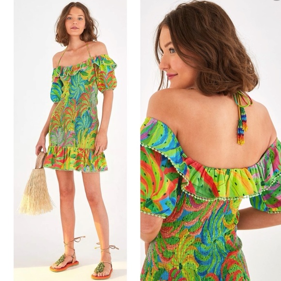 FARM Rio Dresses & Skirts - Farm Rio Neon Green Banana Smocked Off the Shoulder Mini Dress Size XL